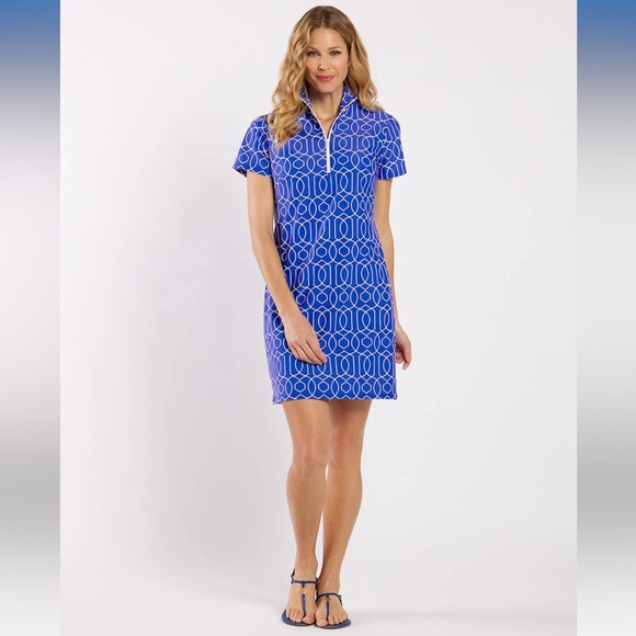 Jude Connally Alexia Blue Geometric 1/4 Zip Dress - Picture 1 of 8